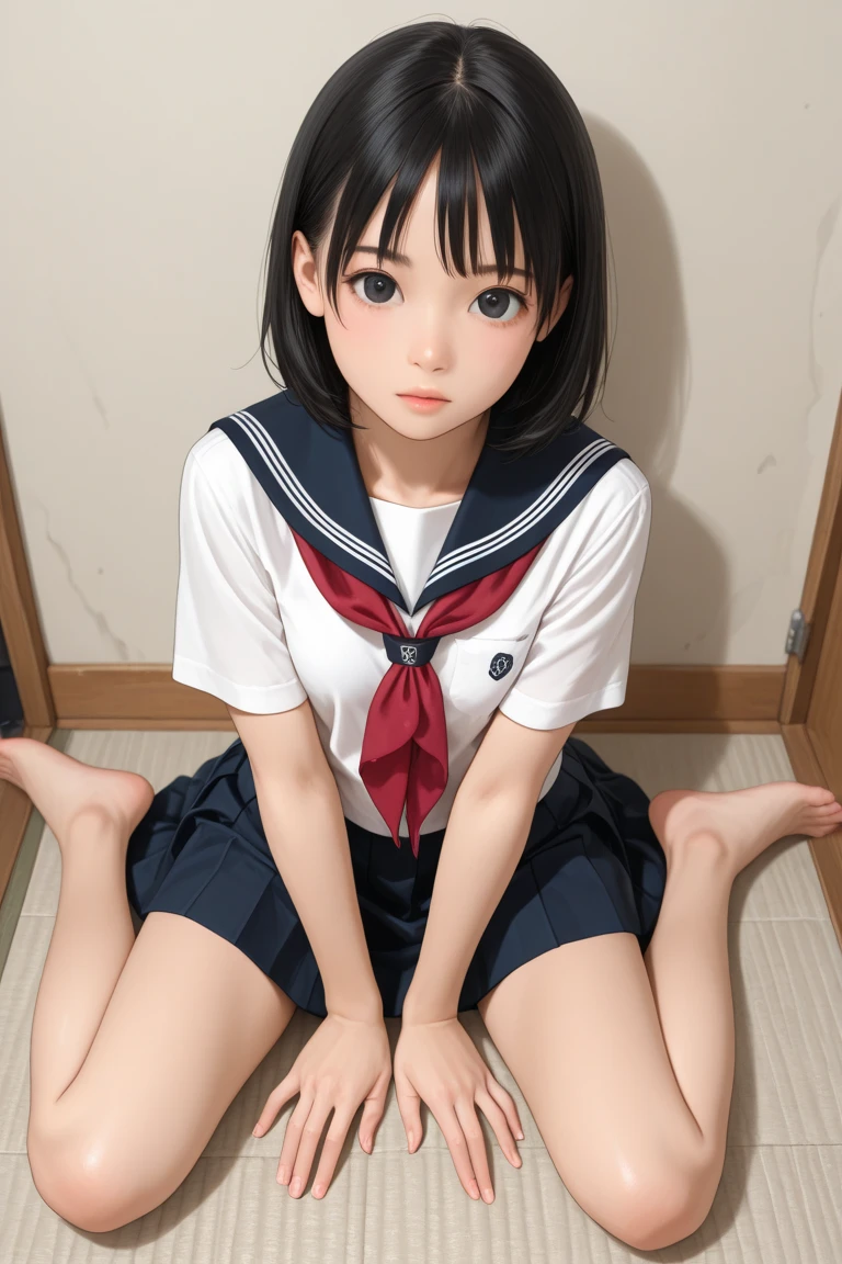 (masterpiece, best quality:1.2),  noodle (gorillaz), black hair, 1girl, black eyes, bangs, bangs covering eyes,  parted lips, breasts, small breasts,  bob cut, White background, absurdres, highres, 4k, ray tracing, perfect face, perfect eyes, intricate details, highly detailed, top-quality、超A high resolution、(Photorealsitic:1.4)、女の子1人、（Beautiful Japan girl ），（Teen），（a junior high school student），（Petite and pretty girl)、（校服）、（a sailor suit），5 toes，small legs，（Ancient Minjia），（Wooden floors），（Cluttered room），sole of feet，Details of the soles of the feet，.（Soles of the feet of junior high  students）Clcial features