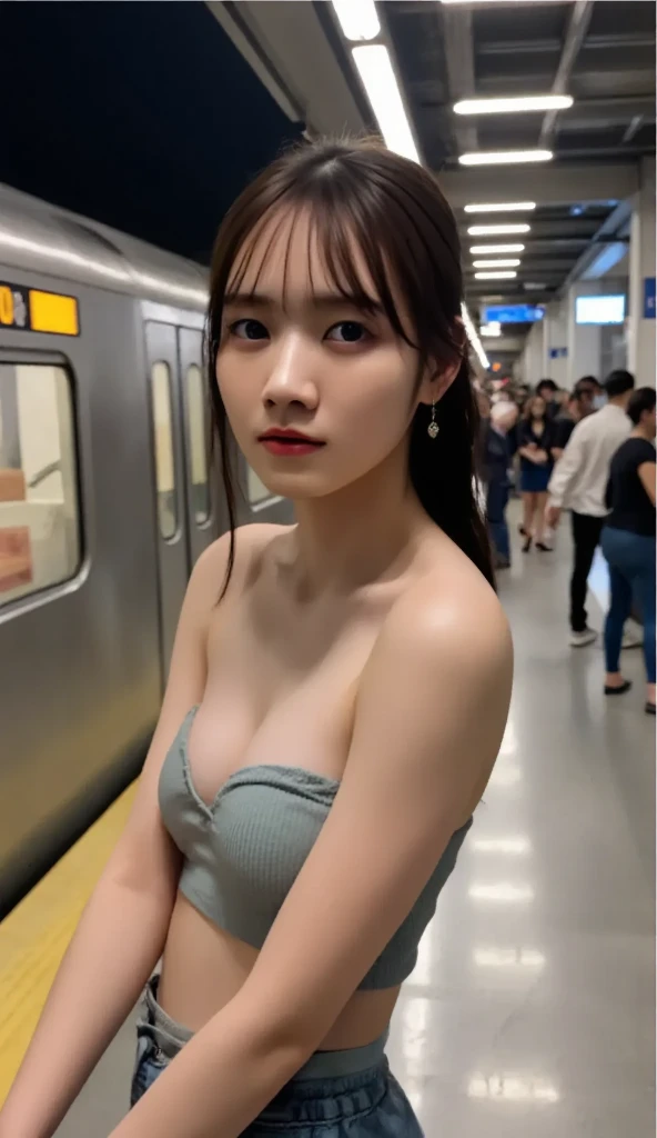 nsfw, best quality, masterpiece, ultra high res, (photorealistic:1.3), 8K, raw photo, 1girl, natural skin texture, , black, wearing leather, natural skin texture, dynamic pose, film grain, on the train room background, full nude, vagina, pubic hair realistic, look at cam, long HAIR,BIG breast, mid shot portrait, gemma chen, LOOK AT VIEWER