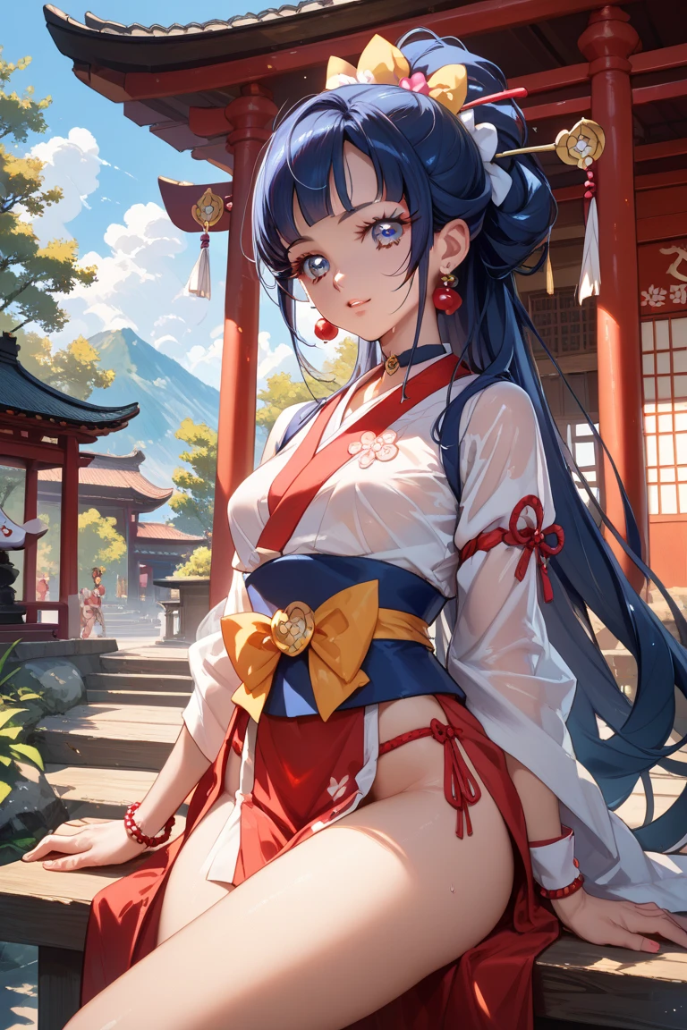 4 women, multiple women, twins, long hair, ponytail, short hair, breasts, looking at viewer, blushing, smiling, open mouth, blue eyes, brown hair, ribbon, navel, animal ears, exposed shoulders, underwear, tail, white hair, :d, thighs, multi-colored hair, hairband, necessarily large breasts, sleeveless, fangs, abdomen, belly, two-tone hair, high leg, horse ears, blue sailor collar, Uma Musume, horse tail, black hair, hair ornament, sitting, yellow eyes, thighs, exposed navel, heterochromia iridum, skimpy clothing, chest curtains, long hair, , smiling, open mouth, skirt, blonde, red eyes, exposed shoulders, thighs, outdoors, sleeves removed, kimono, wide sleeves, armpits, obi, bells, sideboob, cherry blossoms, hakama, hakama skirt, non-traditional shrine maiden, hair bells, hakama short skirt