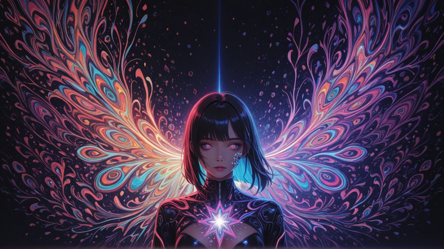 Harry Clarke style,(Ashley Wood Style:1.4),
(Double exposure:1.4),1. A giant girl's silhouette and a creepy projection of a battle city,Thrilling footage released,Cyberpunk Vaporwave,Holographic Projection,