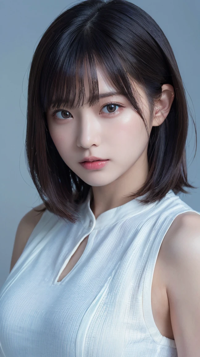 1 girl,(wearing colorful stage costume:1.2),very beautiful japanese idol portrait,close up of face,(RAW photo,best quality),(real,realistic:1.4),(masterpiece),very delicate and beautiful,very detailed,2k wallpaper,amazing,finely detailed,highly detailed CG Unity 8K wallpaper,very detailed,high resolution,soft light,beautiful detailed girl,very detailed eyes and face,beautiful refined nose,finely beautiful eyes,cinema lighting,(simple light color background:1.3),(short hair),(bob),full anatomy,slender body,small breasts,smiling,