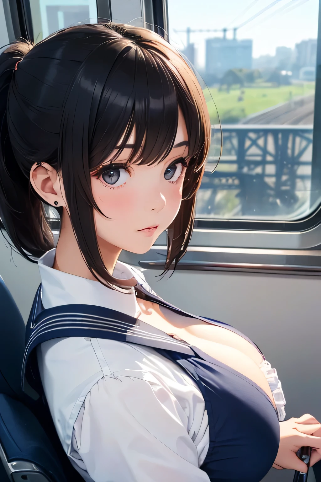 (One girl, 18 years old:1.3), (Realistic:1.4), (masterpiece, highest quality, highest quality, Official Art), Very detailed, Most detailed, (Super detailed), ((Very delicate and beautiful)), Cinematic Light, (Realistically:1.3), (Highly detailed skin:1.2), High resolution, 8k UHD, 4K, 8k, Bokeh, Digital single-lens reflex camera,(Cute older sister:1.3)、Long eyelashes、Slanted Eyes、smile,Spring atmosphere、noon、Aggressive、((Strong winds))、Black knee-high socks、 Dynamic Angle, From above, Moderately breasted, Cleavage, Spread your legs a little、Henry Shirt、skirt、Blue Hair