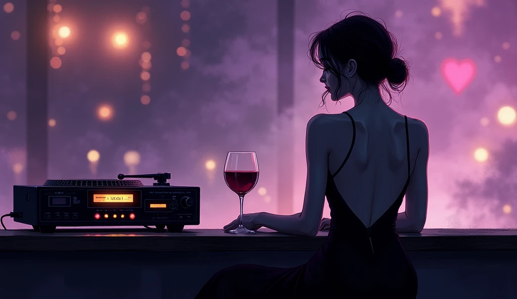 Perfect image, 8k, night、Dinner in a fancy restaurant、Female college student、Big Breasts、Dress code、 Using headphones、 2D-style animation, Lo-Fi、Retro、Anime style illustrations