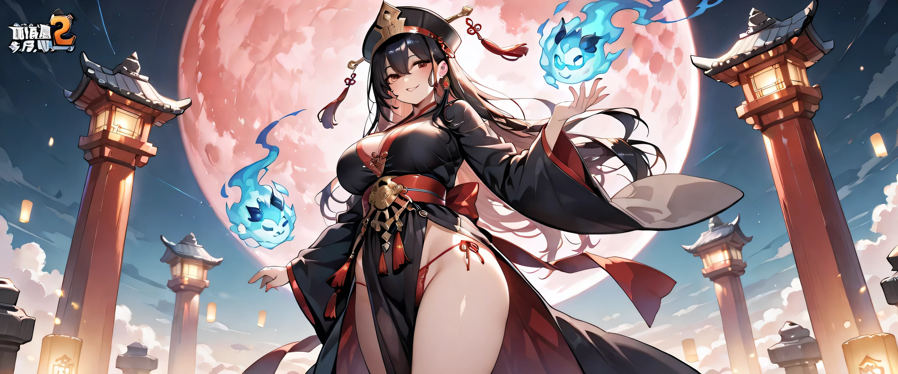 "A powerful and alluring female version of Black Wuchang (Hei Wuchang), the legendary soul guardian from ancient Chinese mythology. She wears a sensual variation of a traditional black Taoist robe combined with flowing hanfu elements — high slits, layered translucent silk revealing glimpses of her legs, and silver-threaded ghost flame motifs across her fitted bodice. Her sleeves trail like mist as she moves, and her form-fitting underlayer subtly outlines her curves.
, red g-string panties, midriff, open belly
Her tall ceremonial black hat bears glowing Chinese calligraphy '一去不复返' (One Way No Return), and her waist-length black hair flows like a river of ink. Her face is hauntingly beautiful: porcelain skin, sharp cheekbones, crimson-red eyes with smoky eyeshadow, and deep obsidian lips curled in a faint, dangerous smile.

She strides forward from a mist-shrouded underworld gate with seductive confidence, pulling a glowing blue soul bound by spirit chains in one hand. Her other hand elegantly wields a fluttering talisman scroll. Around her swirl ethereal butterflies, floating soul wisps, and torn red silks in the wind. Crumbling stone lanterns and dragon-carved pillars surround her under a blood-red moon. The scene radiates divine feminine power, dark allure, and ancient mythological mystery. --v 5 --style anime --ar 2:3 --style raw --q 2 --camera low angle --action pose --theme Chinese mythology --lighting dramatic"
