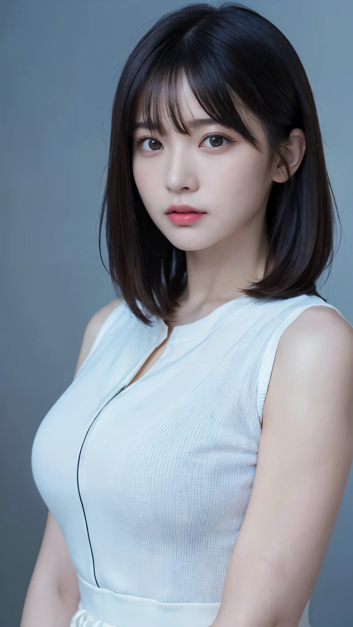 Highest quality, Ultra-high resolution, (Realistic:1.4), 1 girl, White off-the-shoulder shirt, Black tight skirt, Black necklace, (Faded grey hair:1), (Huge breasts:1.2), Looking at the audience, close ,