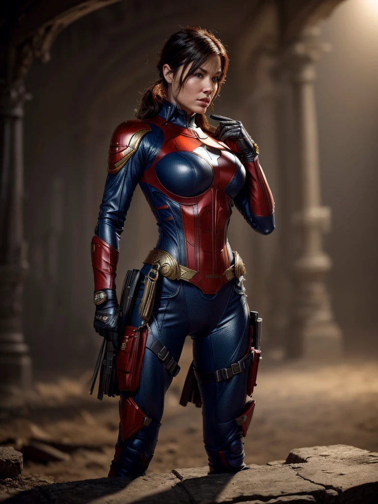 retrofuturist, bodysuit, superhero,((miss fortune,shermie,jubilee)),1girl, armored slutty superhero, (((armored dress))), full body,4k,photo, photographic style, photography