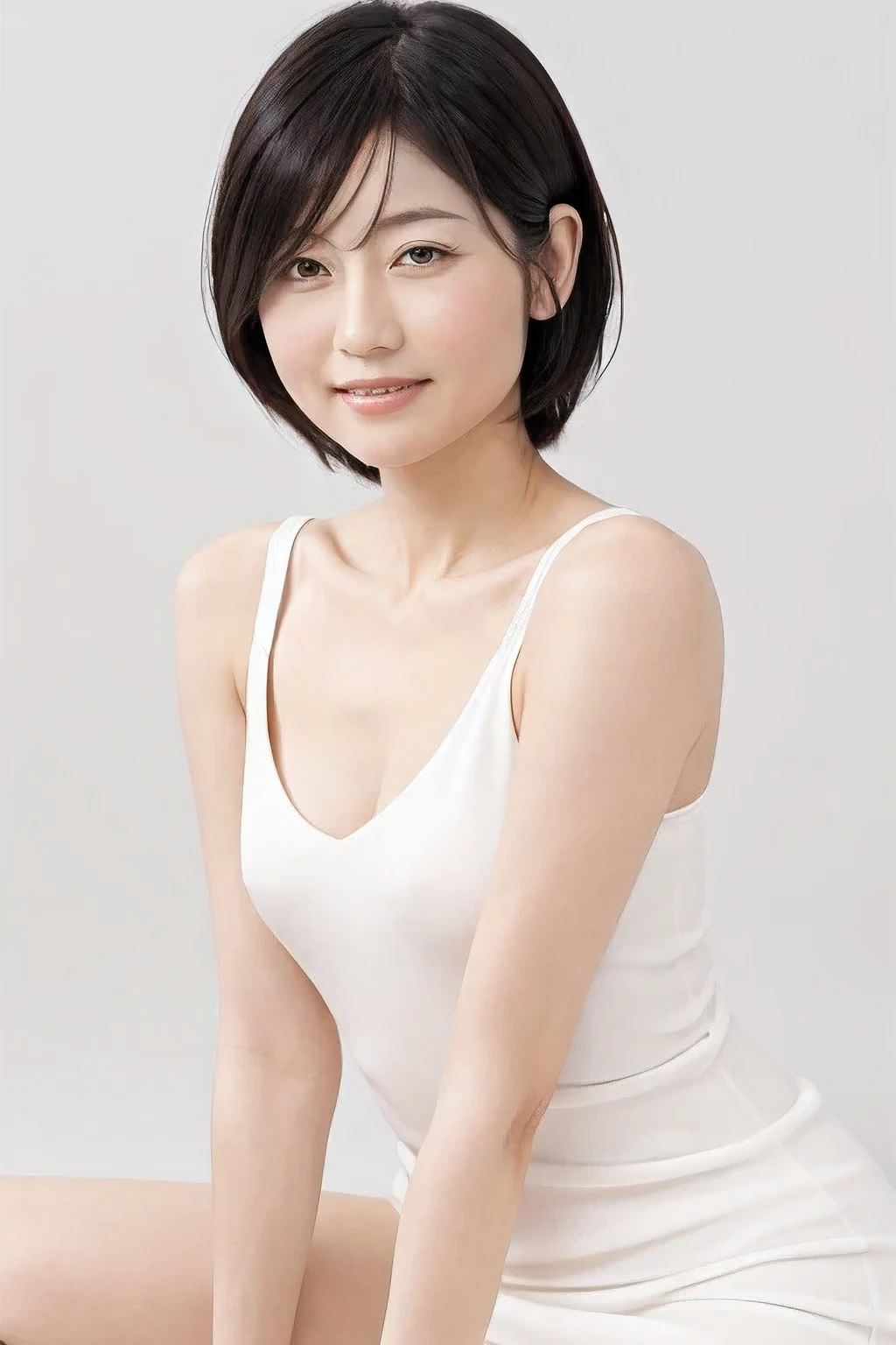 open leg, spread legs , Masterpiece, professional photo quality, super high resolution, Photogravure, 1girl, a Japanese woman, 30 years old, slender body, flat chest, very thin waist, cute face, whole body, detailed face, detailed eyes, short bob hair, white sexy dress, various background, portrait photo