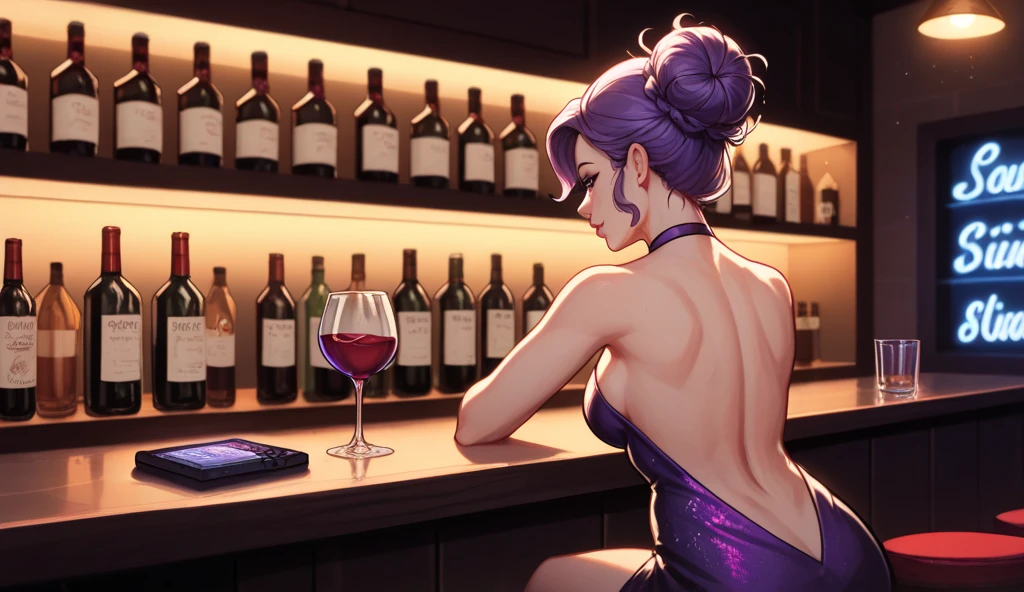 sciamano240, widower \(overwatch\), 1girl, alcohol, alternative hair length, alternative hairstyle, bracelet, large breasts, neckline, closed mouth, collarbone, colored skin, cup, dress, drink cup, earrings, eyeshadow, formal, gradient background, holding, holding glass, rim earrings, jewelry, large breasts, lips, looking to the side, makeup, necklace, nose, purple dress, purple skin, red lips, short hair, short ponytail,  solo, tattoo, wine, wine glass, yellow eyes

(masterpiece), (best quality), (ultra-detailed), (best illustration), (best shadow), (an extremely delicate and beautiful one)