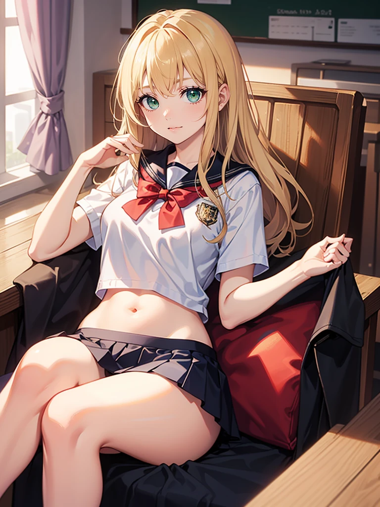 Rika Jogasaki、blush,smile,、Blonde、Sexy Lingerie、Wearing a cute uniform、Primary school students、The back is very small、Lolita、Small breasts、Showing armpits、exterior: 14 years old、Shoulder Bare、The clavicle is visible、Sexy thighs、Beautiful feet、Usual hairstyle、Show me your armpits:1.2), highest quality, High resolution, unity 8k wallpaper, (shape:0.8), (Beautiful and beautiful eyes:1.6), Highly detailed face, Perfect lighting, Extremely detailed CG, (Perfect hands, Perfect Anatomy),
