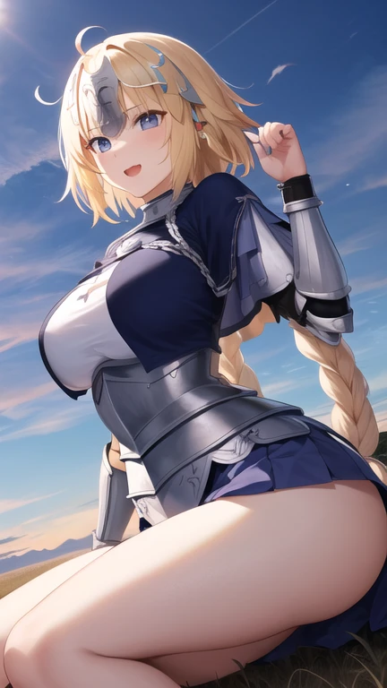 LeinaQuiron woman, 1girl, solo, breasts, blush, blue eyes, blonde hair, large breasts, cleavage, braid, hairband, armor, twin braids, side braid, short hair with long locks, buckle, shield BREAK (masterpiece, best quality:1.3), 4k, ultra-detailed, trending in pixiv, detailed background, detailed eyes, BREAK (amidst the paddy field, countryside, scenery:1.4), BREAK (upper body, seductive pose:1.3), panic, (sweat, shiny skin:1.3)