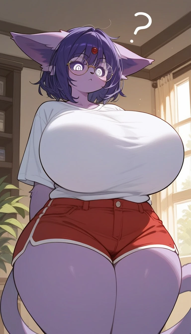 Masterpiece, best quality, high resolution,1 girl, purple hair, Short hair,hair over one eyes,, blue eyet shirt, leggings, wooden cabin, window, sunny, huge breasts, covered breasts, huge belly, hourglass expansion, huge hips, huge ass,comic