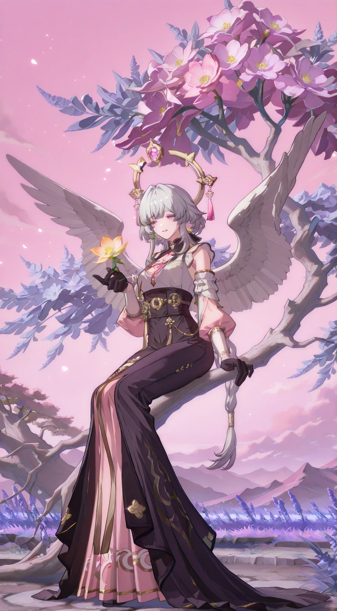 Create a vibrant, dreamy illustration depicting a serene scene featuring a young woman with long, flowing silver hair. She is sitting playfully on a large blooming tree, adorned with colorful roses in hues of pink and lavender. The background is a soft pastel pink sky, dotted with wispy clouds. The woman is wearing delicate, ethereal clothing, lightly draped giving her an angelic appearance, and her expression is joyful and inviting. Surrounding her are graceful swans with elegant wings, adding to the fantasy ambiance. The overall mood should be light and whimsical, capturing a sense of tranquility and beauty.