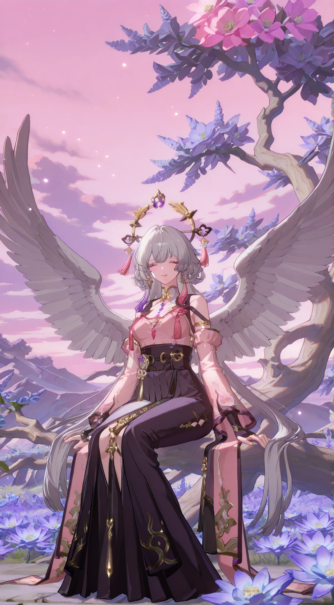 Create a vibrant, dreamy illustration depicting a serene scene featuring a young woman with long, flowing silver hair. She is sitting playfully on a large blooming tree, adorned with colorful roses in hues of pink and lavender. The background is a soft pastel pink sky, dotted with wispy clouds. The woman is wearing delicate, ethereal clothing, lightly draped giving her an angelic appearance, and her expression is joyful and inviting. Surrounding her are graceful swans with elegant wings, adding to the fantasy ambiance. The overall mood should be light and whimsical, capturing a sense of tranquility and beauty.