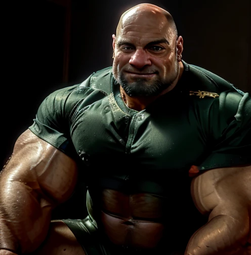 full view, full body, one handsome young artificially tanned white bald over-muscular man in neon-green nylon socks, shirtless wearing neon-green lycra leggings and neon-green sheer socks, no shoes, gold chains, bracelets, rings, pirced nipples with golden rings and chains, bulge horny, arrogantly sitting on bench in his neon-green sheer socks next treadmill in gym, next other one very young and slim bodybuilder 14 yo admiring him. his neon-green sheer socks look silky and are visible on the foreground