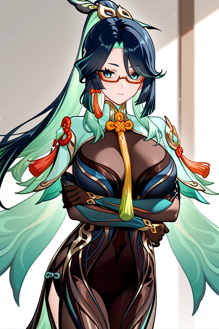 xianyun from genshin impact, wearing red glasses, ahegao expression with tongue out, huge breast ,seductive sexy pose, sit down, high quality image resolution