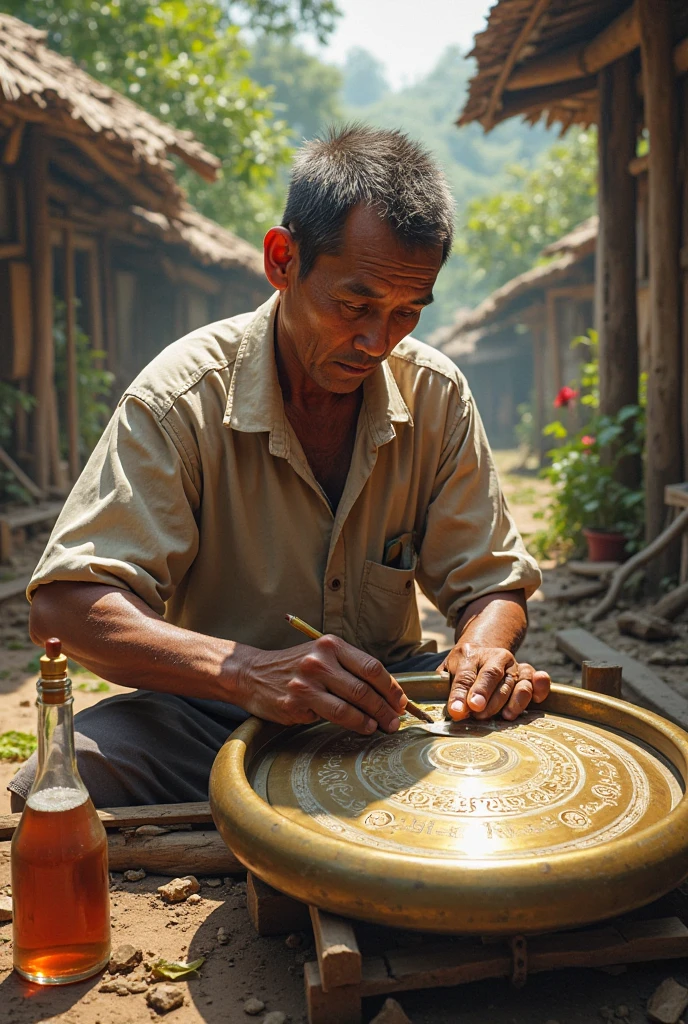 RAW photo, photorealistic, <lora:GaelicPatternStyle:1> GaelicPatternStyle a Burmese man polishing a jade stone in his workshop, (Masterpiece:1.3) (best quality:1.2) (high quality:1.1)