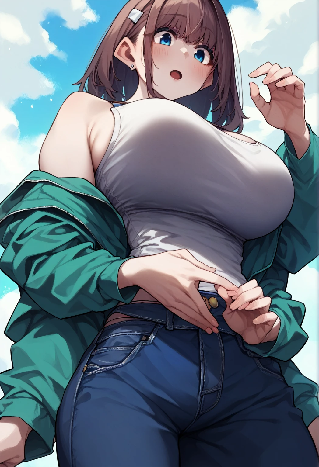 ((super high quality,Ultra-high resolution,16K,super masterpiece,Ultra HD,Ultra high definition:1.3,))One Girl,(Blonde,Short wavy hair:1.5),Short Side Ponytail,(Black-purple hair tie shaped like a butterfly:1.4,)Emerald eyes,Cleavage,((Wearing a pink sweatsuit open at the chest, bare.:1.5,)Tight collar,Large collar,Zipper from neck to navel:1.3,Fine zipper,sexly,)(light blue butterfly necklace:1.2,)Smiling happily at the camera,Closing one eye and making a peace sign,Place one hand on hip,leaning forward with her body angled forward,sweating all over,Angle looking up from below,a blue sky with clouds and sun,