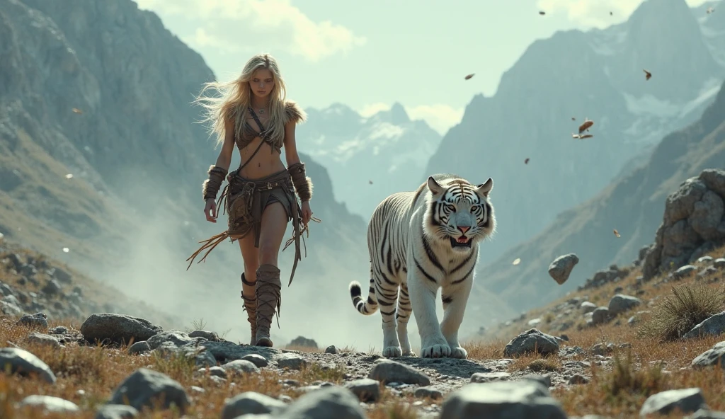 cinematic still close shot of a night elf archer from Warcraft riding a white tiger beast, wearing bikini, deep magical forest, shot on Sony, high budget, epic, gorgeous, film grain