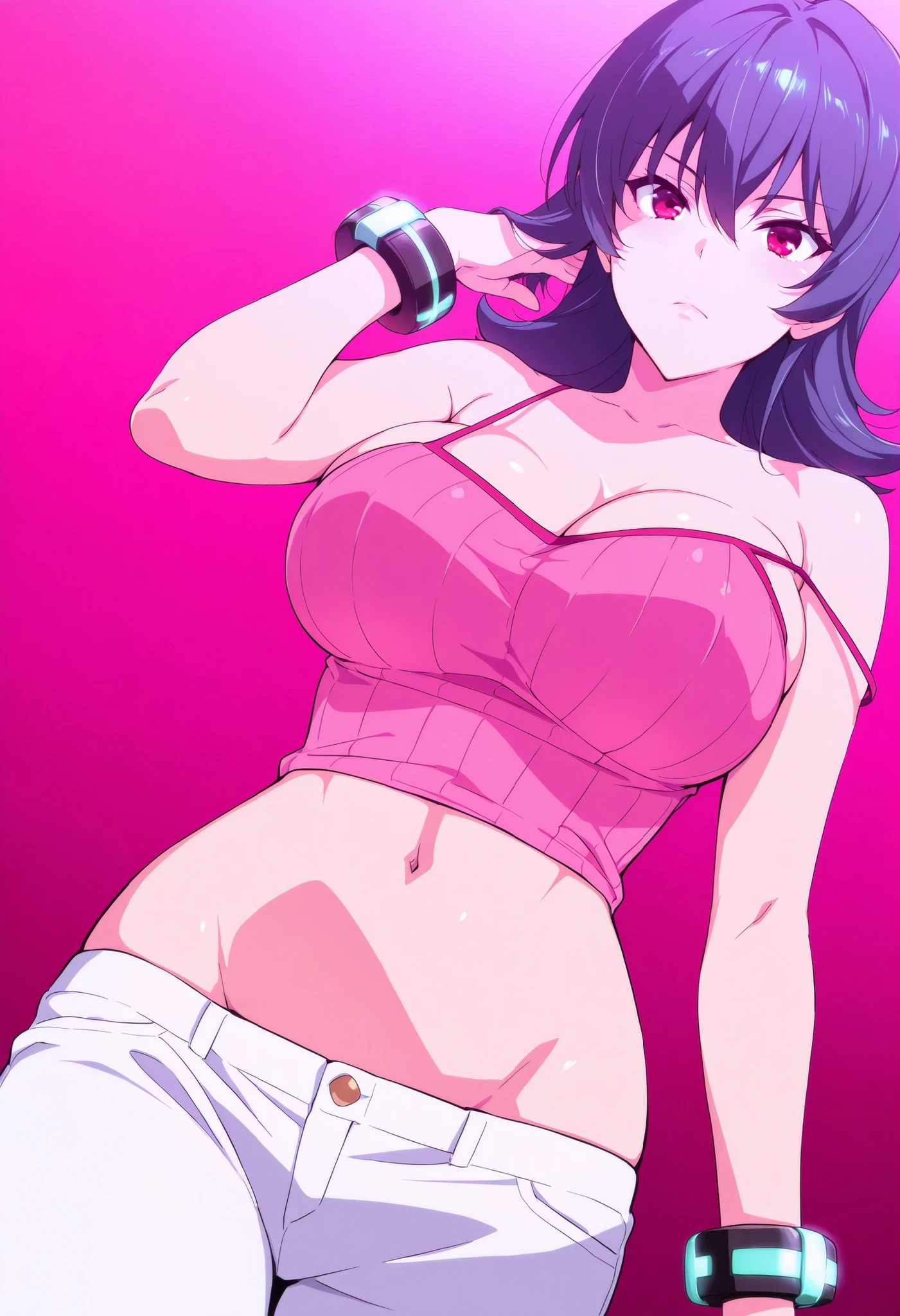 Manga adaptation , score_9, score_8_ up the side , score_7_ up the side , score_6_ up the side , source_anime, anime screencap anime coloring, anime, line art, Best quality,masterpiece,soft light,official art,masterpiece,high quality,highres,absurdres,best quality,epic scene,natural textures,easynegative, large_breasts, Erotic_style,anime_coloring, 1girl,solo, large_breasts, large_hips, small_waist, hgsssab, dark blue hair, flipped hair, red eyes, large breasts, pink camisole, ribbed shirt, midriff, white jeans, bracelet, serious, strap_slip, deep_cleavage, lowleg:1.2, groin:1.2, open_fly, revealing_clothes, bursting_breasts, hand_in_hair, expressionless, dutch_angle