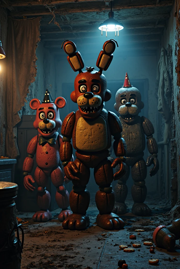Disco with dance floor and colorful ball of light from an abandoned pizzeria with doors nailed shut with wood, with blood-stained killer animatronics, inspirado em Five Nights at Freddy's