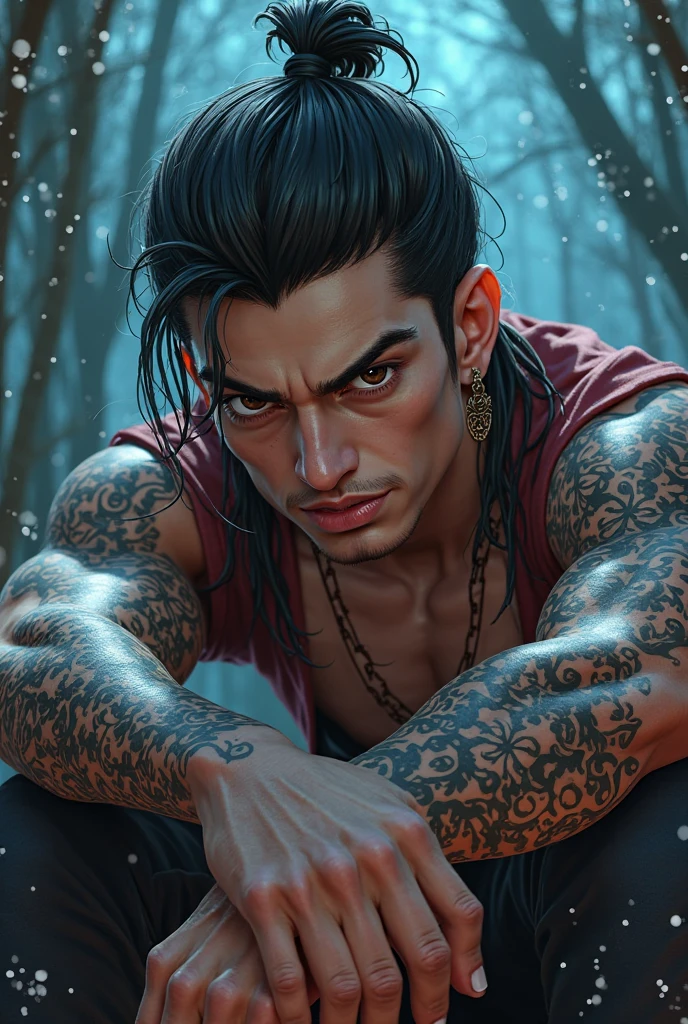 (Chinese martial arts),anime, 4K,Young man,long black hair, tattooed , pattern,(((animal trainer golden monkey on his shoulder))),bloody neon lighting, 8K hyper-quality, intricate details, , scary effect, volumetric light,
