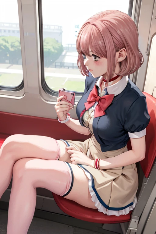 short pink hair,orange eyes,A girl with long hair curtains on both sides was sitting on a chair in the last row of the classroom.,table and chairs,A curtain of girl's hair covers her eyes,put your hands between your legs,Side view,Please wear a light white and blue uniform and skirt,white stockings,close up of legs,long legs stretched out under the table,,big breasted girl