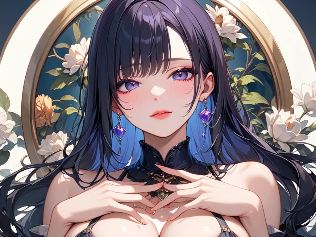 A stunning neo-Victorian cosmic cannibal, her ethereal beauty contrasting with the macabre nature of her existence: porcelain skin adorned with delicate lace, opalescent eyes glazed with hunger, and tendrils of swirling galaxies woven into her flowing midnight hair. This intricate portrait is a mesmerizing gouache painting, meticulously detailed and expertly rendered, capturing every nuanced feature with breathtaking precision. The juxtaposition of elegance and horror is masterfully portrayed, inviting viewers to delve into the haunting narrative of a celestial being consumed by her own darkness.