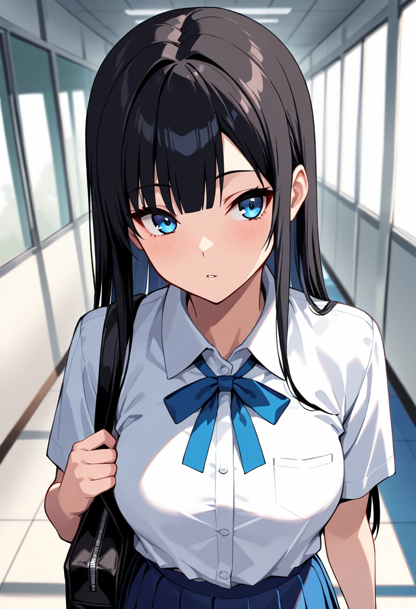 (masterpiece, ultra high definition, 16k, intricate), sharp focus, crisp details, 1girl, walking, (upper body, close-up), black hair, black bag, school hallway, wide hallway, blue floor, white wall, long hair, (glossy straight hair, silky smooth straight hair), blue eyes, , school uniform, white shirt, white collared shirt,  blue neck ribbon, blue skirt, White Socks, 黒いカバン, dynamic angle, blur background, Simple background