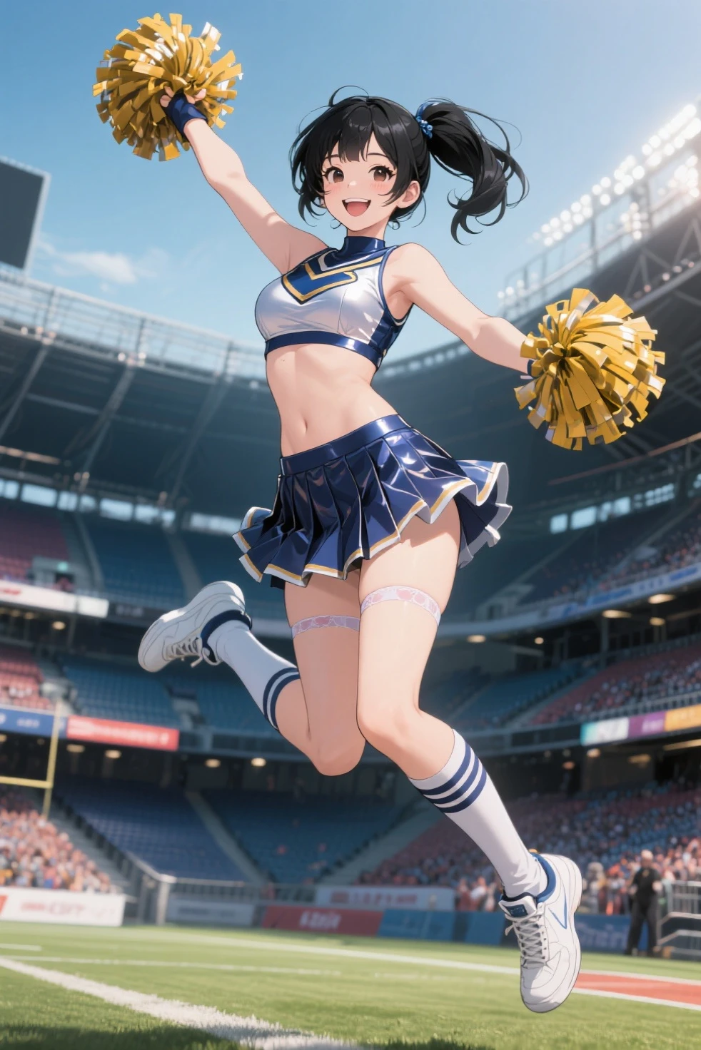 A woman wearing a cheerleader uniform, black shirt with gold details, sleeveless shirt, big breasts, yellow skirt, long black socks, sports shoes, red horns, yellow eyes, black hair, long hair, standing in the stands of a football stadium, night place.(solo woman) ,UHD , prime work , accurate , anatomically correct , textured skin , super details , high quality , best quality, 8k, high resolution, bokeh effect,