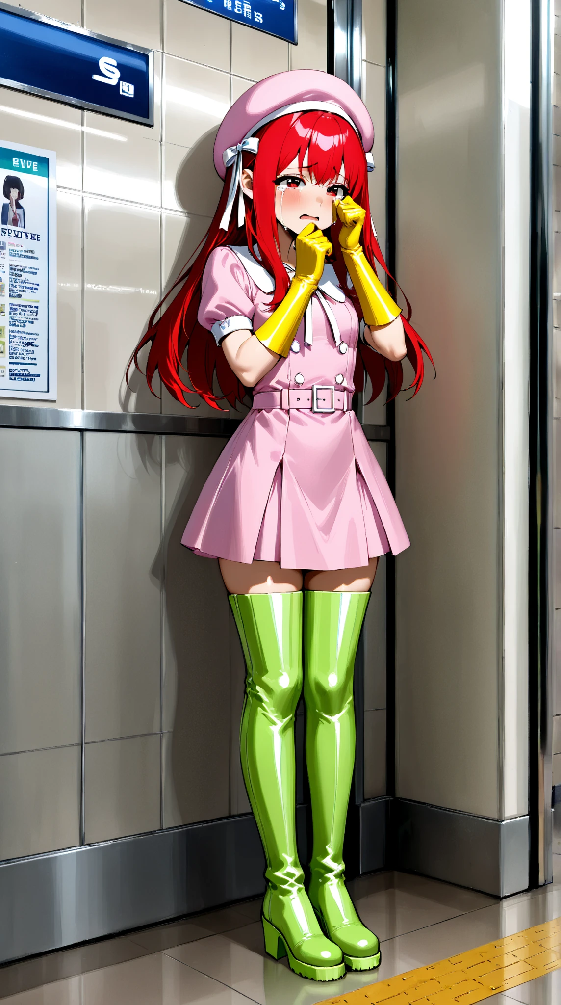 high quality, extremely detailed, perfect face, ((machine room)), <lora:Delmo_Uniform-000008:.8> ((Delmo Uniform)), (pink jacket, pink pencil skirt), puffy sleeves, white collar, (glossy latex), white stripes, (white stockings),  <lora:dsfutaba-v2:.7>, futaba, ((tiny breasts)), long orange hair, glasses, cheerful smile