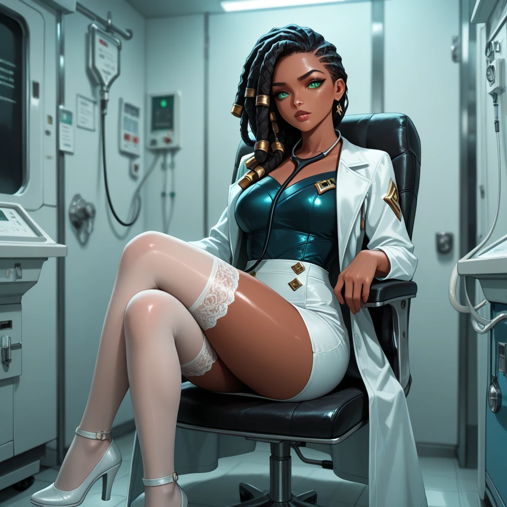 ((create very precision):1.5) An anime character ((Michiko Malandro, is a independent and strong woman with dark skin and a black power):1.4), full take, ((using a doctor's coat):1.5), solo, (1 character:1.5) Comic book --auto --s2