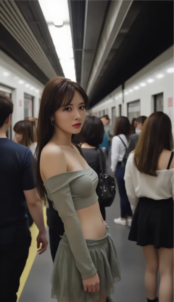 (highest quality, 8k, 32k), masterpiece,(ultra high resolution,realistic:1.4,RAWphotograph), (Super detailed,caustics),セクシーなphotograph,1girl, big breasts, big breasts, black hair, bangs, long hair (long hair: 1.4), Beautiful eyes in detail, long eyelashes, narrow eyes, elongated eye shape, Three white eyes, wearing a black bra, wearing a thong, emphasize the buttocks, big ass, round hips, big ass, ((Rear view)),((look back)), Covered with back turned away from camera , dynamic pose, big breasts, Close-up looking up from below, Supermodel, beautiful face, detailed body, perfect eyes, perfect face hdr, Photoreal, photograph, highest quality, In a crowded train in the city, Bokeh, NSFW, beautiful fingers, beautiful hands, fingertip, nail, arms behind back,