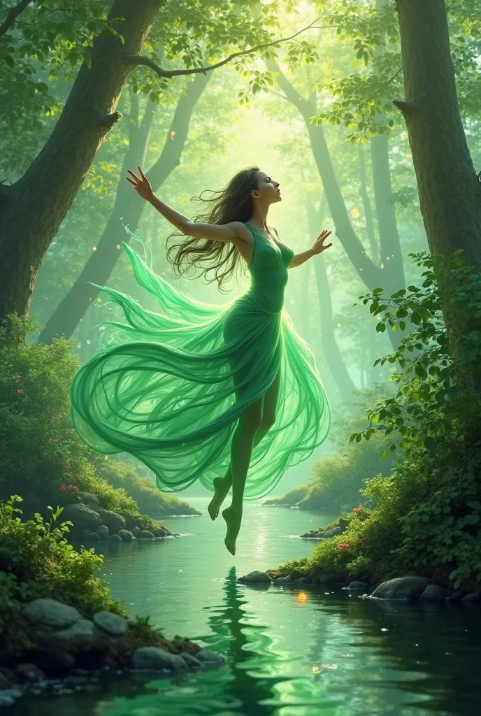 A small figure made of a neem leaf is dancing in the forest like a mad woman, a stream of water is flowing in all directions