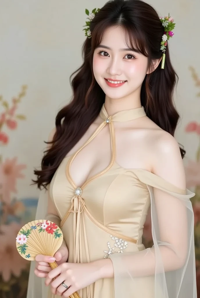 (looking at viewer,close in viewer:1.9),cleavage,small breasts,(beauty hair,ostentatious hair accessories,gorgeous hair accessories,light smile:1.15),1girl,light smile,happy,((((upper body,real face photo,bedroom background,background blur)))),big eyes,analog style,physically-based rendering,ultra-detailed,professional lighting, photon mapping,(outdoor,bokeh),(RAW photo, best quality, masterpiece:1.3), (realistic, photo-realistic:1.3),detailed facial features,slim girl,tassel, innocent, bangs,(pureerosface_v1:0.55) ,(ulzzang-6500-v1.1:0.75),(flower_style:0.05),<lora:bridal_hairstyle-10:0.1>,(bridal hairstyle:1.15),ear ring,hair bow,hair ring,bare shoulders, bare abdomen,cosplay style,(deep-V style hanfu with miniskirt:1.25),silk style,slim waist,a littie naked,narrow miniskirt,<lora:Song_HanFu:0.09>,<lora:tang_hanfu:0.09>, <lora:hanfu_v29:0.1>,<lora:hanfu_v28:0.1>,<lora:hanfu_v30:0.11>,<lora:hanfuMing30:0.1>,<lora:hanfuChineseWeddingDressWomen_v15:0.11>,(sexy pose),more colorful clothes,(high angle from top view,front view,look at viewer,real face photo:1.4),naked body with hanfu,