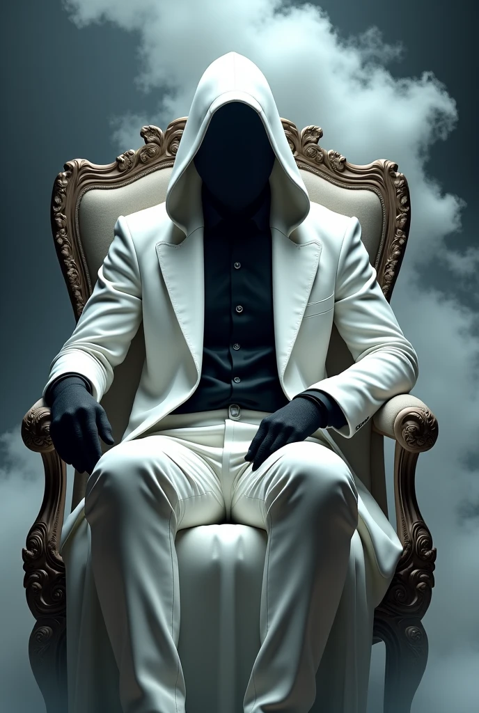 The king has a crown and is smoking a large stream, sitting cross-legged on a chair with a black-wrapped face dressed in a white coat, with black shoes.