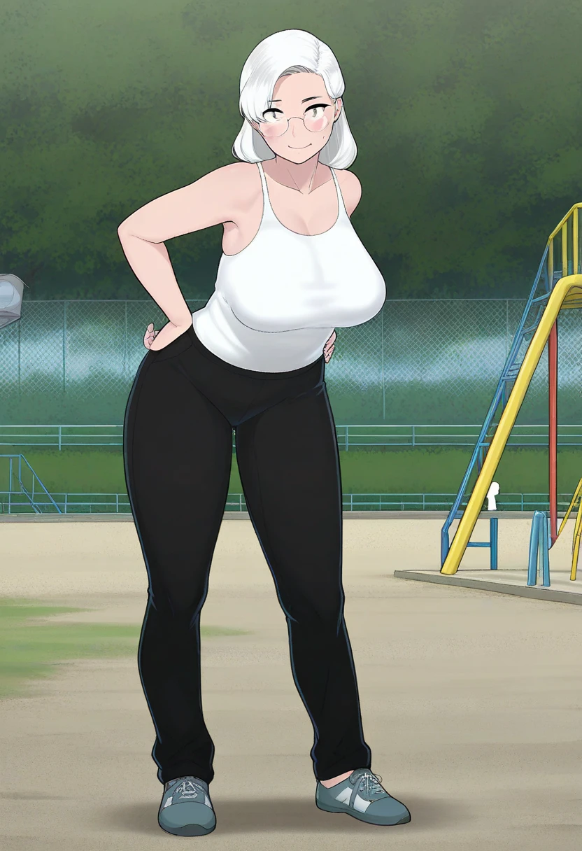 full body, standing, barefoot, thicc, uncovered belly belly, very big breasts, pregnant, long hair, sports bra, very thight shorts, glasses