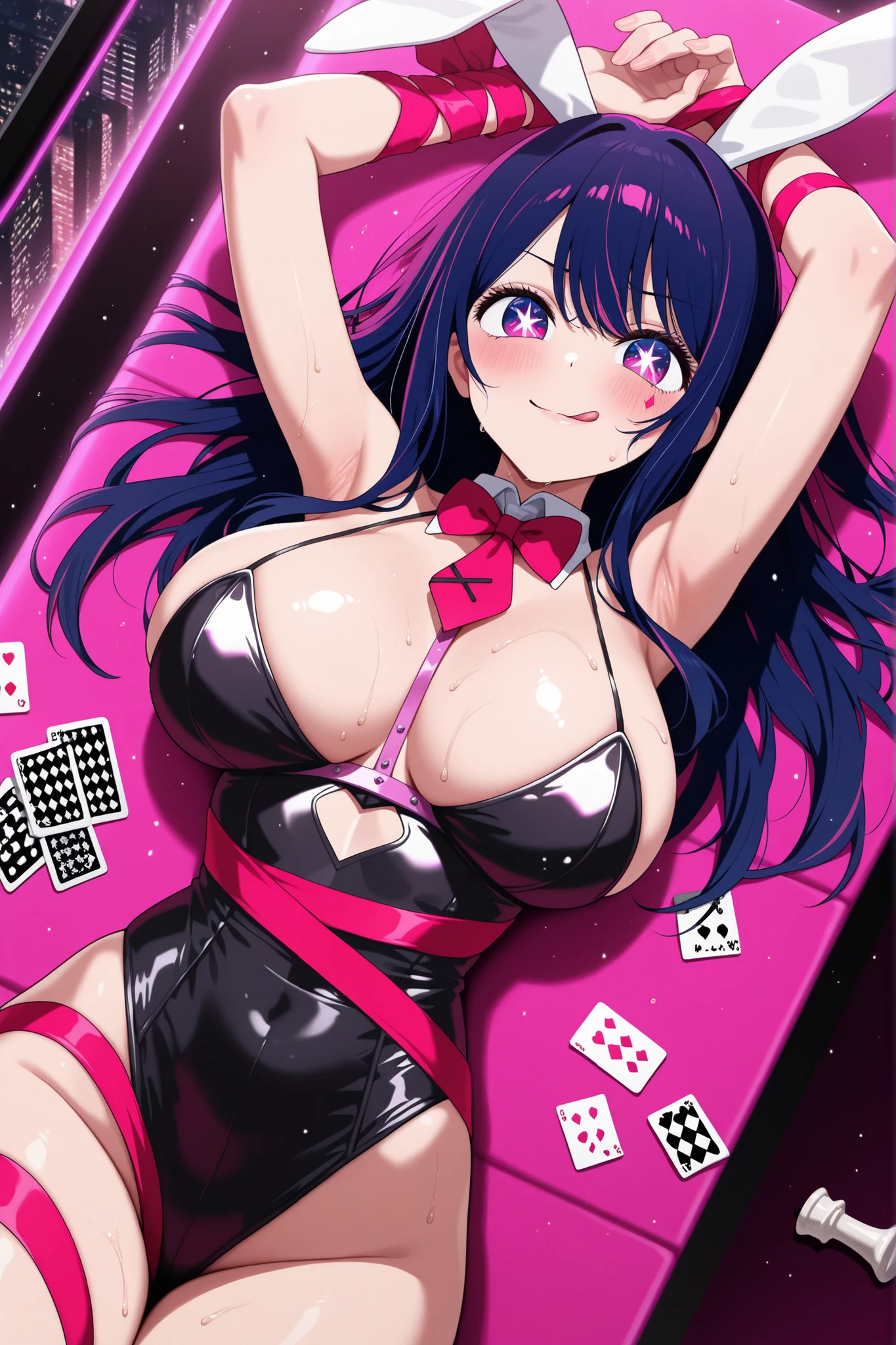 1girl, beautiful face, big eyes, blue eyes, wide hips ,thighs, black latex outfit, playboy, rabbit ears, long black flowing hair, casino, casino background, poker, poker chips