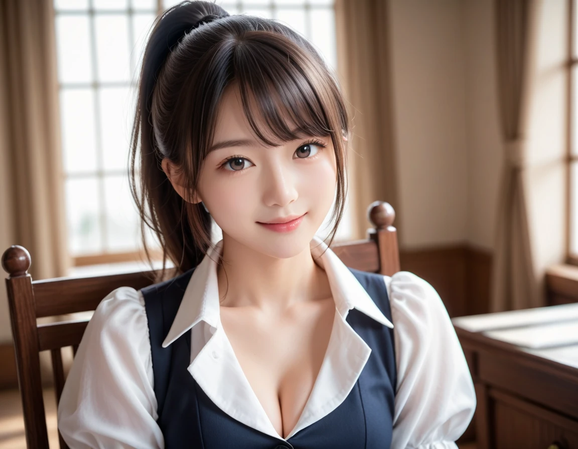 No sleeve, ponytail, japanese girl, 8K, law pictures, highest quality, masterpiece, realistic, Photorealistic super detail, one girl, cute, best smile, beautiful eyes, long hair, perfect face,full body shot