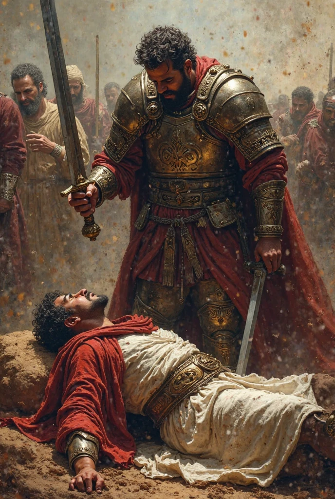A rough oil paint of a warrior defeated by a man both dead