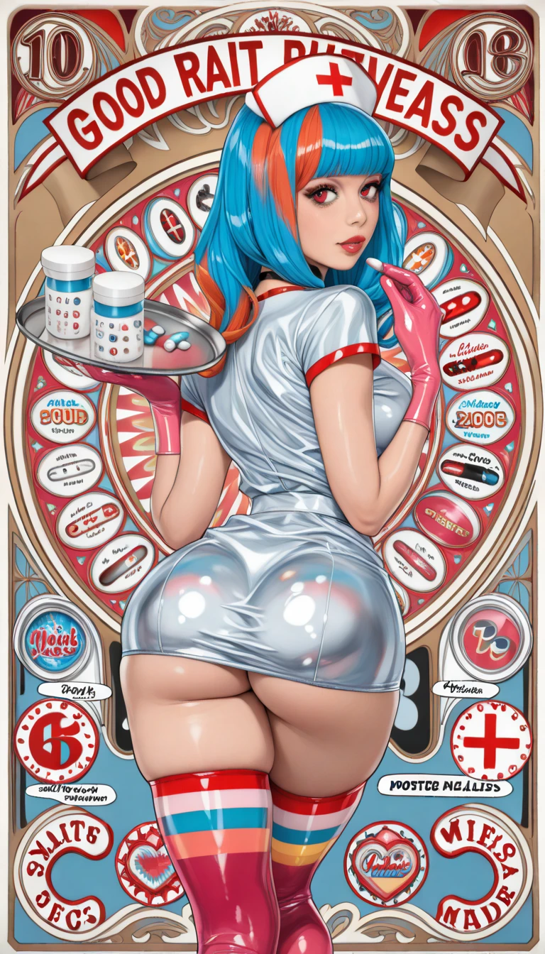 there is a woman with a nurse hat holding a plate, by Dave Arredondo, martin ansin artwork portrait, jen bartel, nurse, martin ansin, beeple and james jean, phil noto and james jean, by Eddie Mendoza, beeple and jeremiah ketner, alex gross, nurse girl, inspired by Tadanori Yokoo