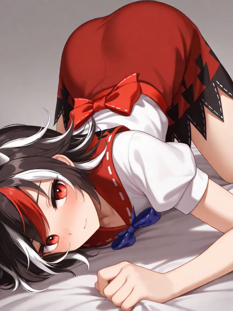 (masterpiece, best quality:1.2), Kimetsu no yaiba, Nezuko, (1girl, solo:1.5), 18 years old, full body, black long hair, (red demon horns, red eyes), (lying down on the bed, a sheet wrapped around the body, pillow)