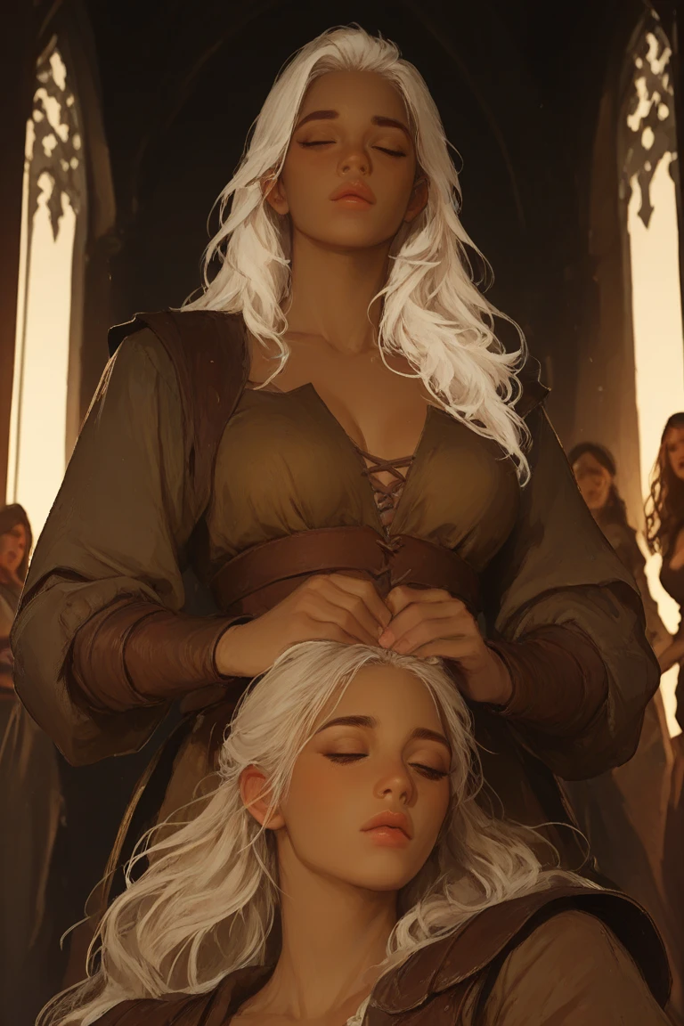Blindfolded blonde girl, light lilac sale, blonde hair tied up, Caucasian skin, fraja, brown dress, brown cloak, sitting on the floor with your legs to the side, hands on the floor, grama verde, cloudy sky background and grassy hills, medieval art style, grey sky, large breasts and sample, holding a marble emanating yellow light