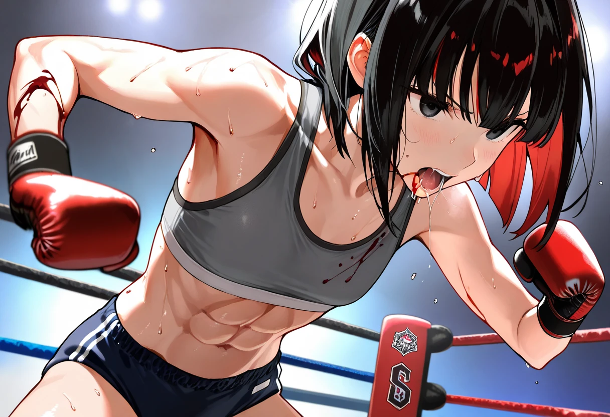a japanese female streetfighter is beated down in the backstreet. She is on all fours. She is glaring at the opponent with an upward glance. She has the will to fight. A bloodied and bruised female fighter is trying to stand from down. She has a lot of punches from the male fighter. she has big pain. she is damaged terribry. Short-cut black hair, out of breath, drooling from mouth, exhausted, drenched in sweat. Erect nipples, open finger glove, Whittled waistline, muscular, six-pack abs, Ragged tanktop, denimshorts, Puffy nipple