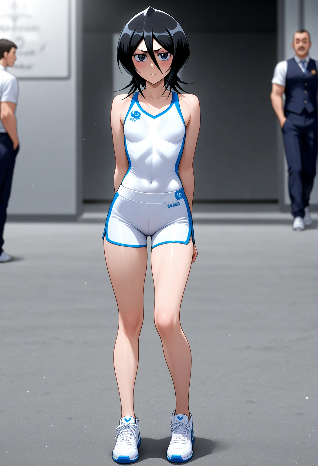 Girl with short green hair, Small size breasts,、Green Eyes, 、,Full body photo from head to toe、Track and field athlete、、、Uplifting、Leaning forward、、walk short distance、100 meter dash、A toned and toned body、Desperate、Sweat、Uplifting、A moving picture、