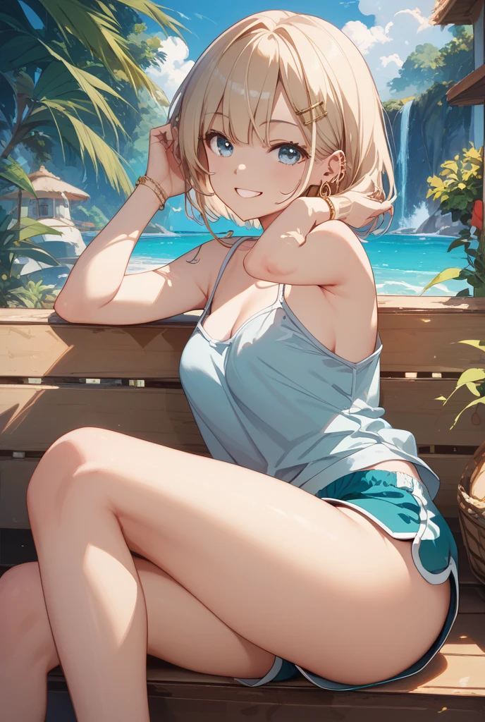 (masterpiece, best quality:1.2), full body, solo, Android 18 from Dragon Ball, ((pink string bikini, spread legs, beautiful butt)), small breasts, short blonde hair loose, ((close eyes)), (wearing glasses), earrings on earlobes, slender feminine figure, skinny body, cleavage, light blush, chill, organized, simple, white-based interior, a few plants, cloudy sky, terrace, magnificent view, blur background, 4K, on the cute chair, (pale blue chair), midriff-baring, beautiful armpits, arms up behind,