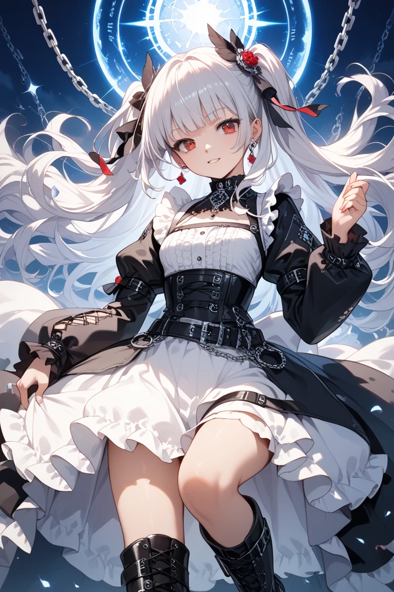 Jade Foot,White hair,Little Loli,vampire,Small tiger teeth,Lolita long skirt,cute,White,Flowing long hair,Solid color background,4k,high quality,Texture