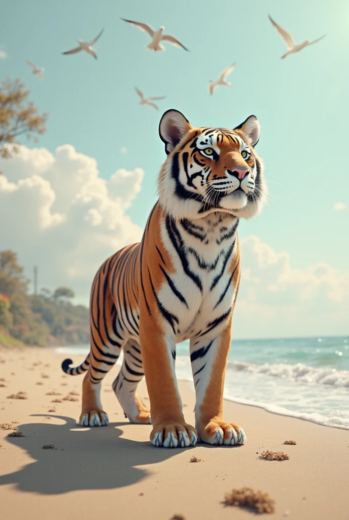 Realistic photo, professional model, full shot, ultrarealistic, photorealistic, 8k, uhd, incredible details, Female, anthro, tiger, wrapped in towel, beach, medium breasts, eyeliner, eyelashes, looking at viewer, smiling, detailed feathers, <lora:add_detail:1>