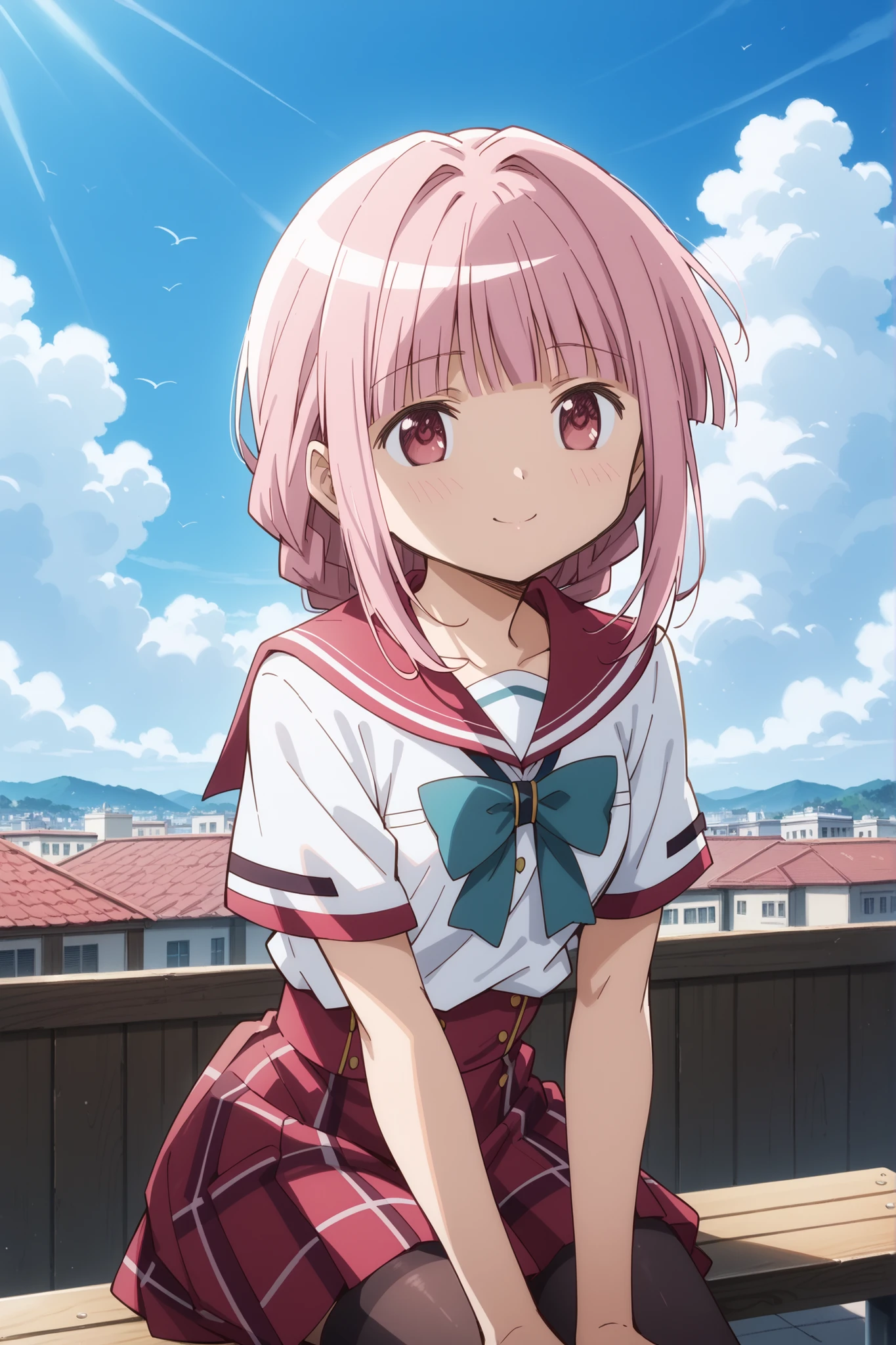 (score_9, score_8_up, score_7_up), source_anime, absurd_res, white, blue, black, 1girl, solo, super fine illustration, an extremely delicate and beautiful, best quality, masterpiece, 8K, Iroha Tamaki (Magia Record), pink hair, medium length hair, straight bangs, red eyes, beautiful face, shy smile, blushing, white sailor uniform, red sailor collar, teal bow tie, red plaid skirt, black thigh-high stockings, sitting on bench, leaning forward slightly, looking up, upward glance, rooftop setting, school rooftop, blue sky, white clouds, fence, afternoon sunlight, golden hour lighting, soft shadows, detailed background, youth atmosphere, romantic mood, innocent charm, official art style, upper body focus, perfect composition, Puella Magi Madoka Magica Style,