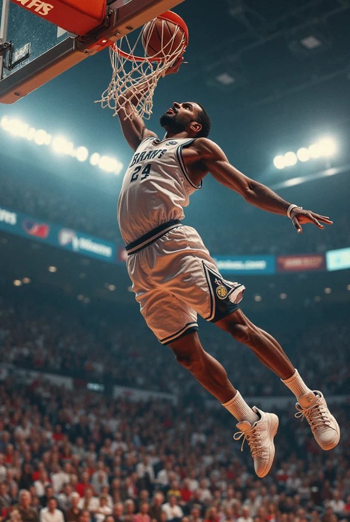 a close up of a man in a basketball uniform jumping in the air, lebron james, james lebron, 3d statue!!!, incredible masterpiece, in an action pose, trending on dribble, as an action figure, first 4 figures, physicality-based render, scence of slam dunk, hyperrealistic masterpiece, hyper realistic content, crucifixion of conor mcgregor