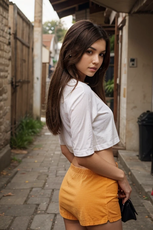 Tiene un pelo rubio con fleco liso y una camisa negra que dice sublime en rojo y un sol en el centro con mangas cortas sin pantalones con una pose de saludo coreano con unos cuernos dorados con blanco y una sonrisa con ojos negros y con una